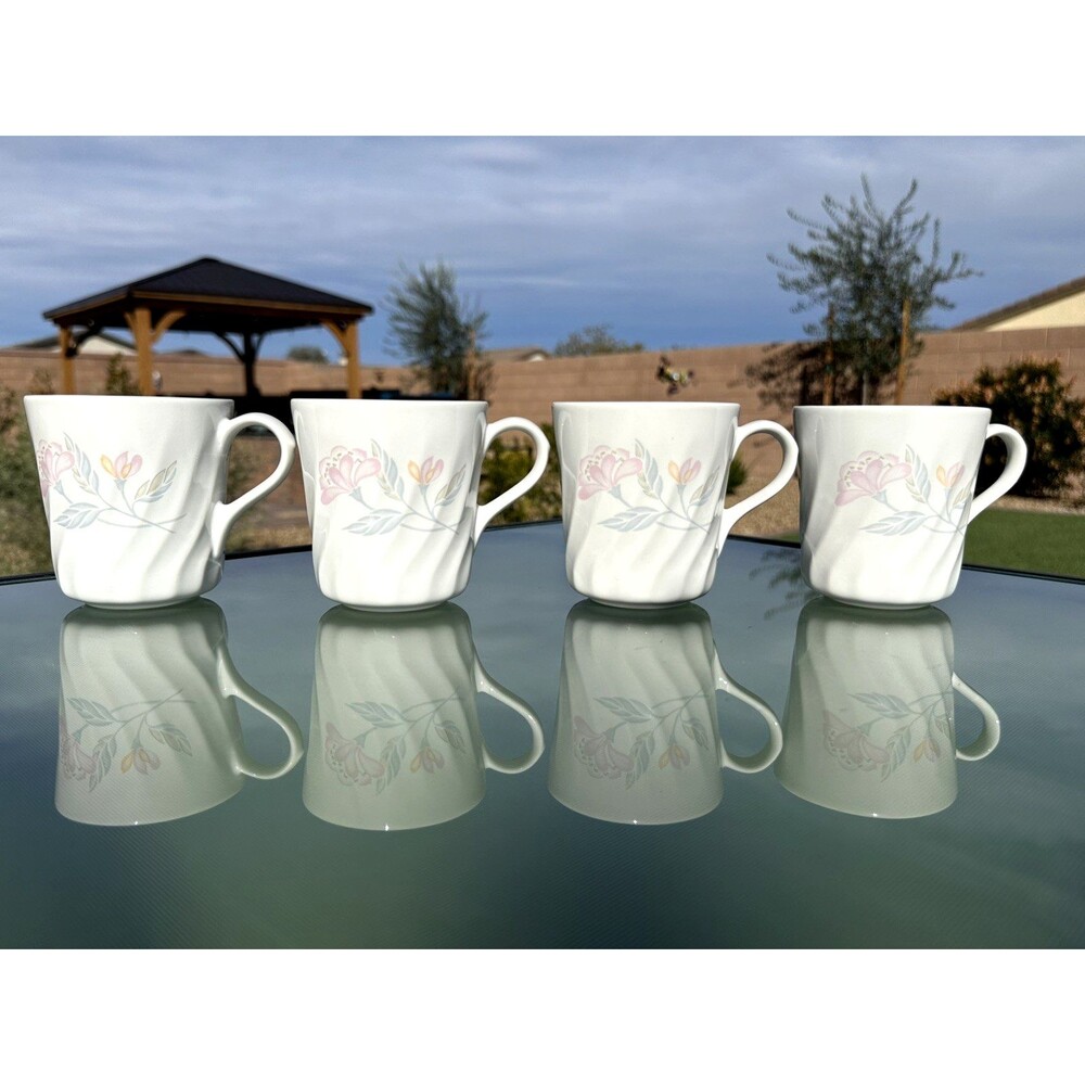 4 Corelle Corning White & floral Pink Trio Swirl Coffee Tea Cups vintage